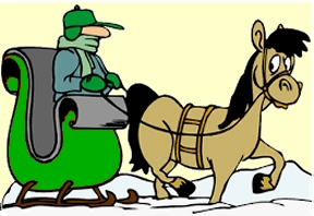 One brown cartoon horse pulling a green sleigh with a green-clad coachman through the snow